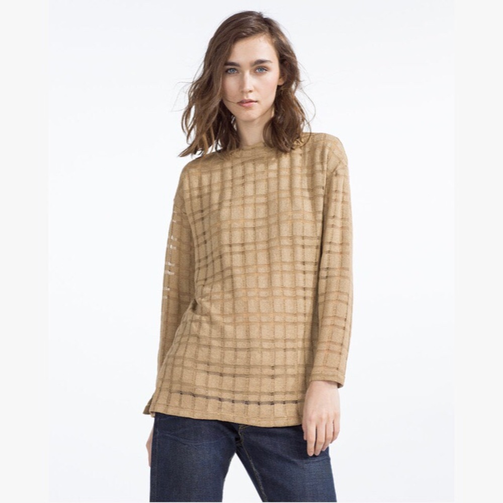 Zara Tan Long Sleeved Checked Stitch Shirt